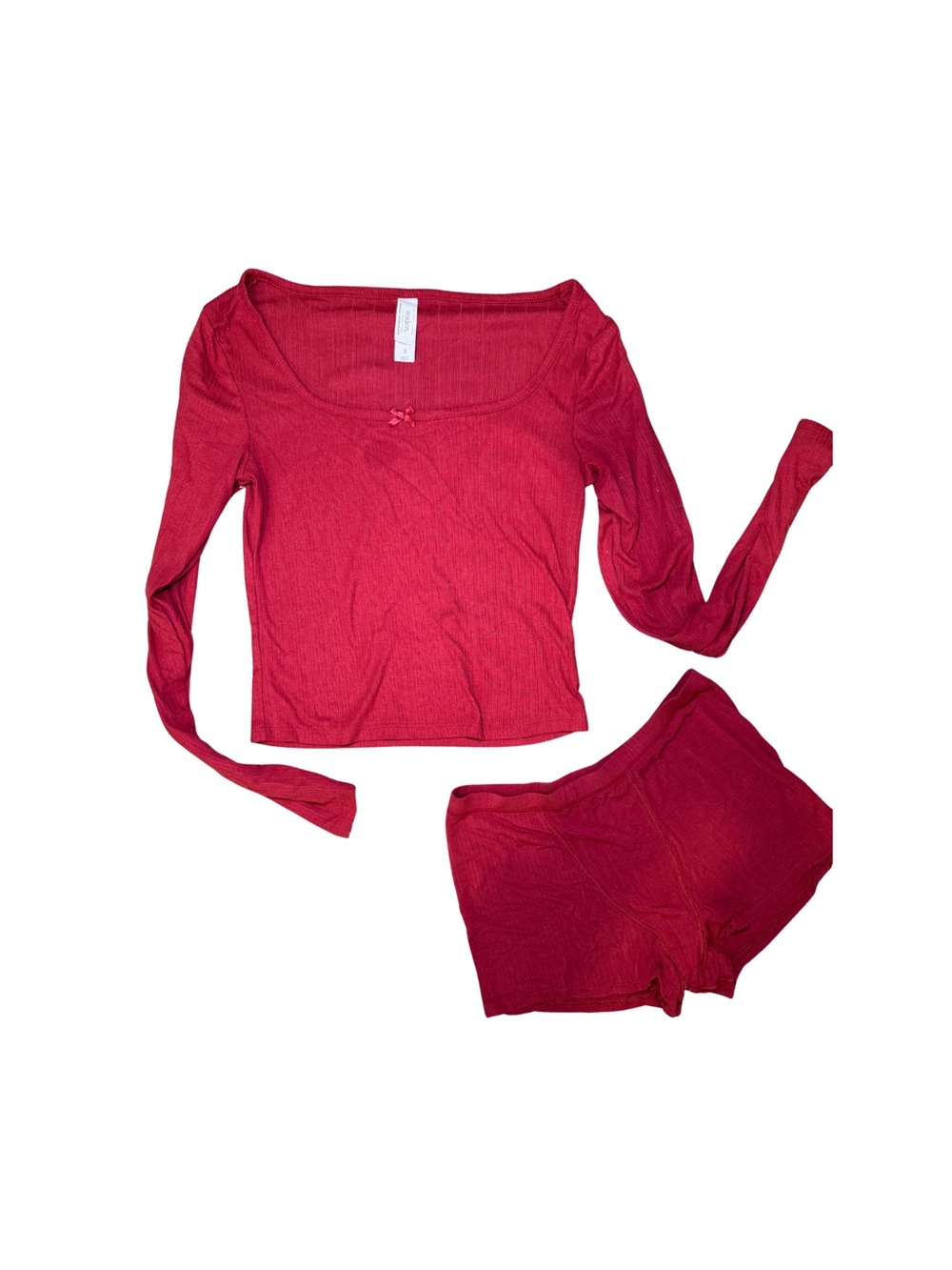 Auden Ribbed Long-Sleeve Scoop Neck Top & Shorts Set - Red